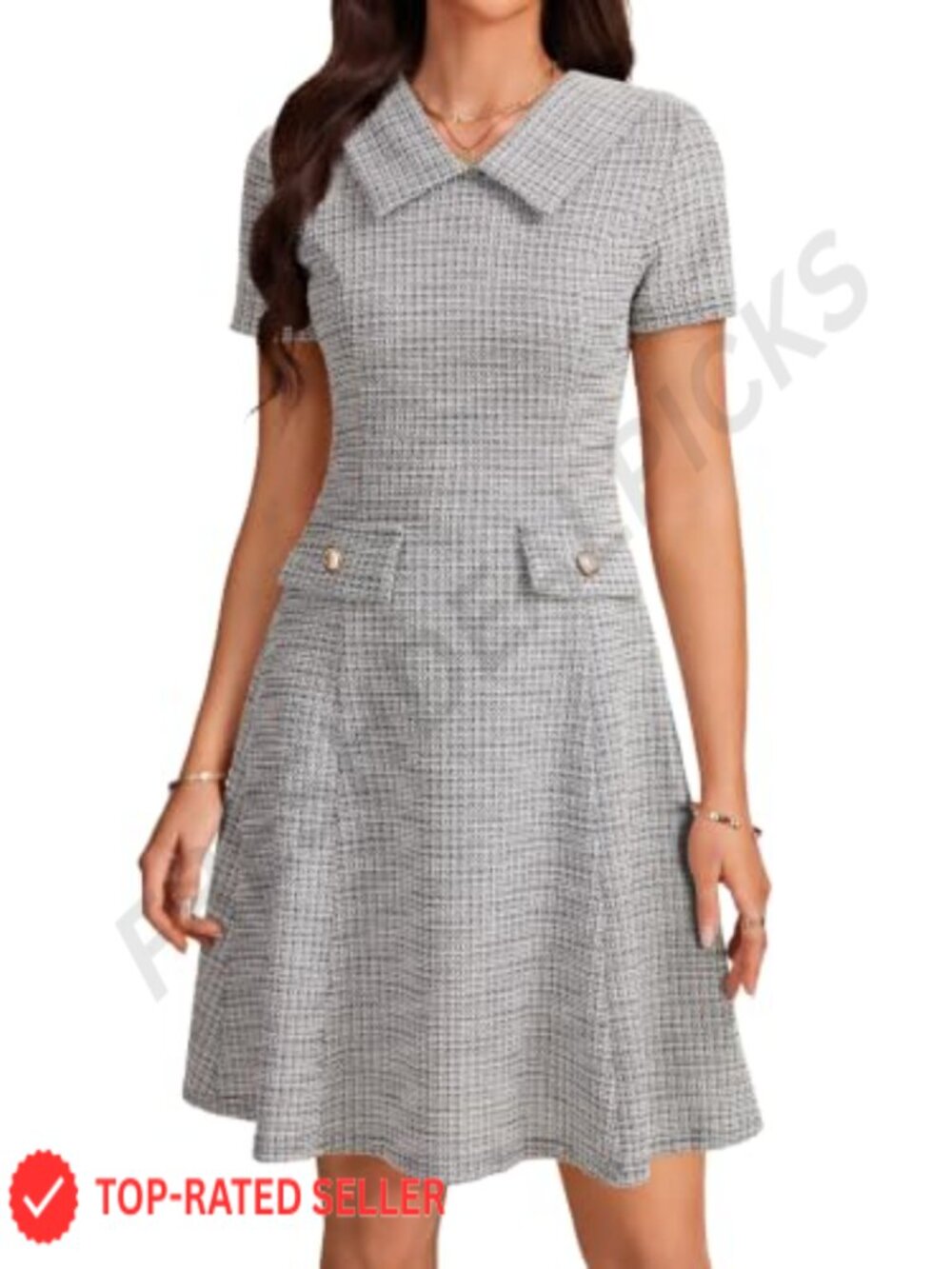 Tweed Collared Midi Dress Short Sleeve A-Line Ruffle Hem Elegant